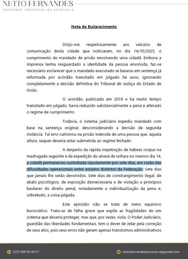 Mulher fica presa sete dias por expedição de mandado equivocado - nota advogado 1 241025