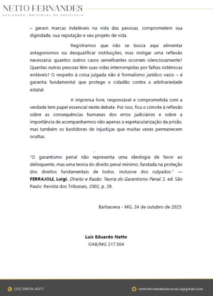 Mulher fica presa sete dias por expedição de mandado equivocado - nota advogado 2 241025